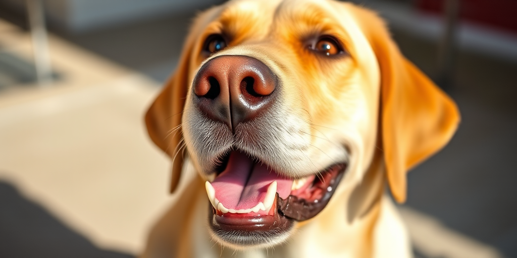 capture a close-up of a smiling yellow Labrador Retriever in natural light, aperture f/2.8, shutter speed 1/200 sec, ISO 100, macro lens, shallow depth of field, 50mm lens, focus on eyes, soft background blur