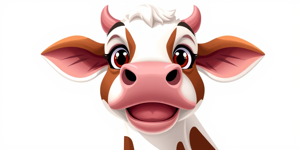 Create a cartoon-style illustration of a cow's face with large expressive eyes, centered composition, bright colors, using a DSLR camera with a 50mm lens, f/1.8 aperture, ISO 100, and natural lighting for enhanced clarity and vibrancy.