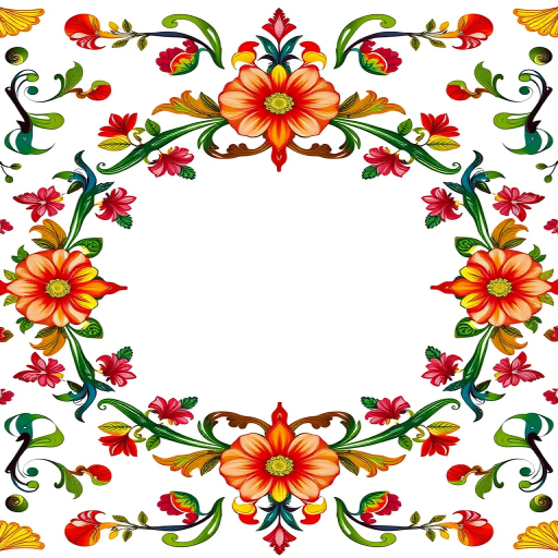 create a colorful ornate circular frame with intricate floral and vine designs, high resolution, 50mm lens, f/2.8 aperture, ISO 100, studio lighting, shot from a top-down view, digital art style