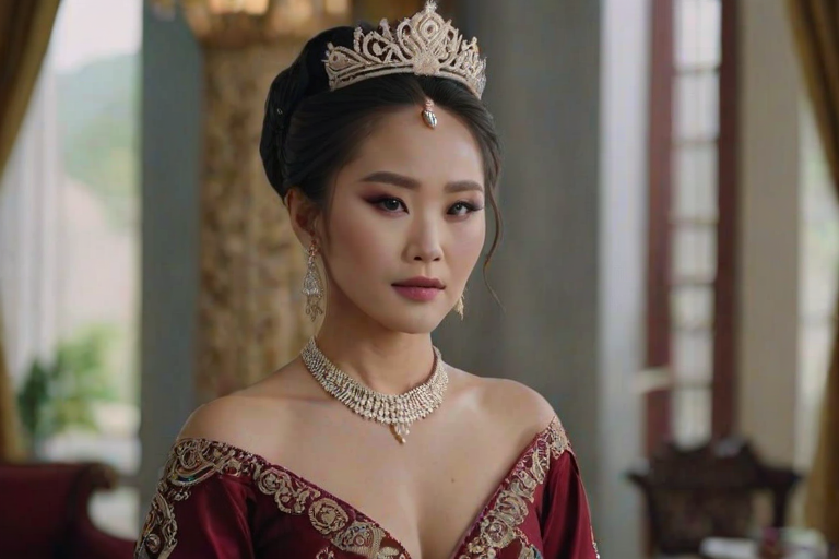 A gorgeous Hmong woman in a luxurious brown gown, accessorized with a dazzling tiara and statement earrings, her deep red eyes highlighted by impeccable makeup, poised in a royal setting, photorealistic, 8K quality
