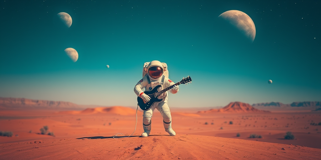 Create an image of an astronaut playing a guitar on a red desert landscape with distant planets and stars in the background, using a Canon EOS R5, 50mm lens, f/1.8 aperture, ISO 100, with a soft focus style to enhance depth and detail.