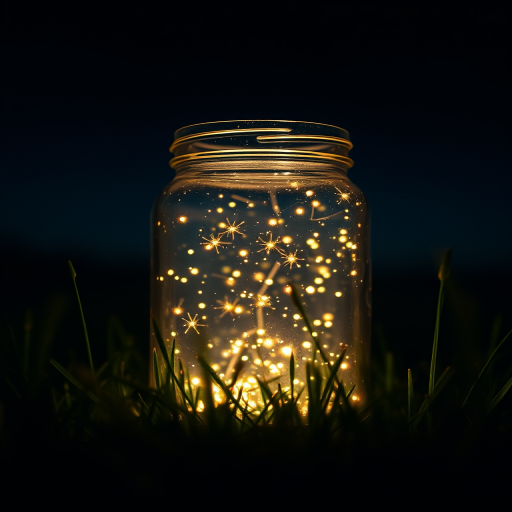 Create a glowing jar filled with fireflies in a dark night sky, surrounded by soft grass, using a DSLR camera with a 50mm lens, f/1.8 aperture, ISO 200, and a long exposure of 10 seconds for enhanced light capture and detail.