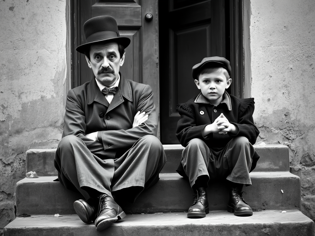 A black-and-white photograph of a man and a child sitting on steps in front of a doorway. The man is dressed as a tramp with a bowler hat, mustache, and ragged clothes, reminiscent of Charlie Chaplin's iconic look. He is sitting with his arms crossed and an expression of slight sadness or frustration. Next to him is a young boy, also in worn clothes and a cap, sitting with his hands clasped, looking thoughtful. The background is an old, textured wall and a partially open door, creating a vintage, early 20th-century atmosphere.