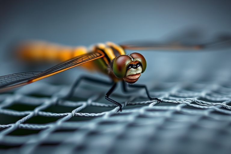 macro shot of a dragonfly resting on a mesh surface with a shallow depth of field, 100mm macro lens, f/2.8 aperture, ISO 100, 1/200 sec exposure, soft diffused lighting for enhanced detail and color vibrancy, focus on the eyes and wings for texture clarity