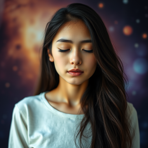 portrait of a young woman with closed eyes and long dark hair, surreal cosmic background, soft focus, aperture f/2.8, shutter speed 1/125s, ISO 100, 50mm lens, natural soft lighting, DSLR camera