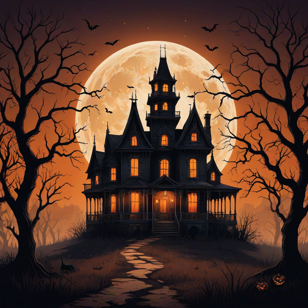 Create an illustration of a dark, Victorian-style haunted house set against a full moon. The house should be intricate, surrounded by twisted, barren trees, and evoke a spooky Halloween atmosphere. Above the house, include the word "Halloween" in a bold, orange gradient font. Use a ghostly, eerie style to bring the scene to life.