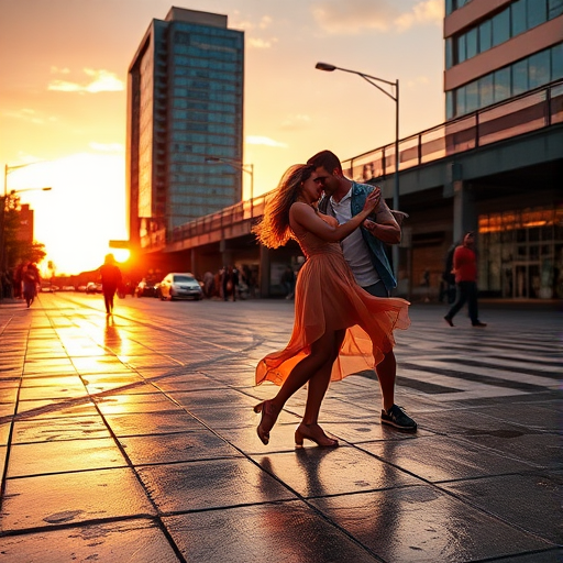 Create a vibrant urban dance scene at sunset with a couple dancing passionately, showcasing dynamic movement and reflections on wet pavement, using a DSLR camera with a 50mm lens, aperture f/1.8, ISO 100, and a low-angle view to enhance depth and detail.