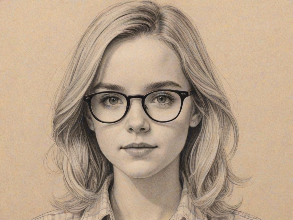 Captivating McKenna Grace, pencil sketch, portrait of Superb woman 1973s in glasses, hair style beatnik, outline, clear lines, fine lines, 8k