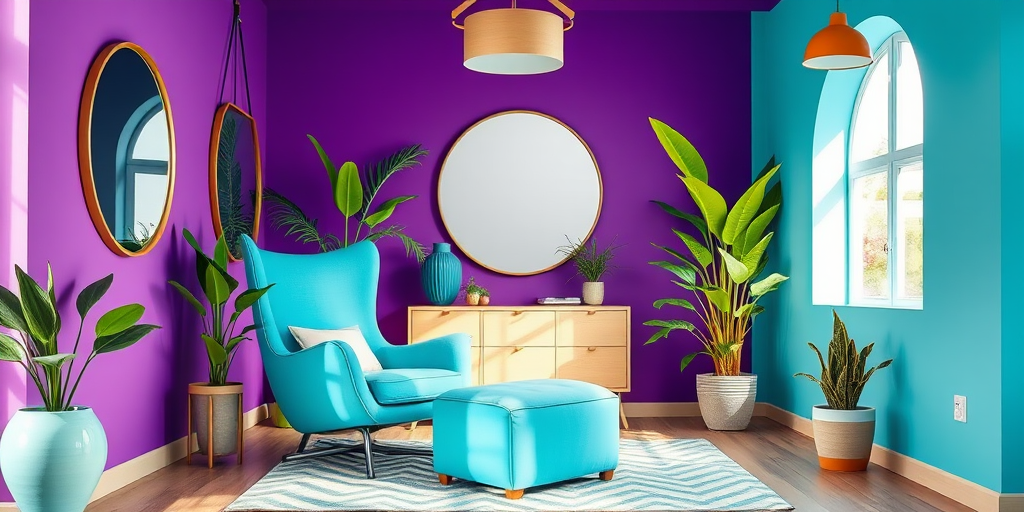 Create a cozy interior scene featuring a turquoise lounge chair with a matching ottoman, vibrant colorful walls in turquoise and purple, large round mirrors, lush green plants, and stylish pendant lights, captured with a Canon EOS R5, 24mm lens, f/1.8 aperture, ISO 200, in natural daylight for enhanced brightness and clarity.