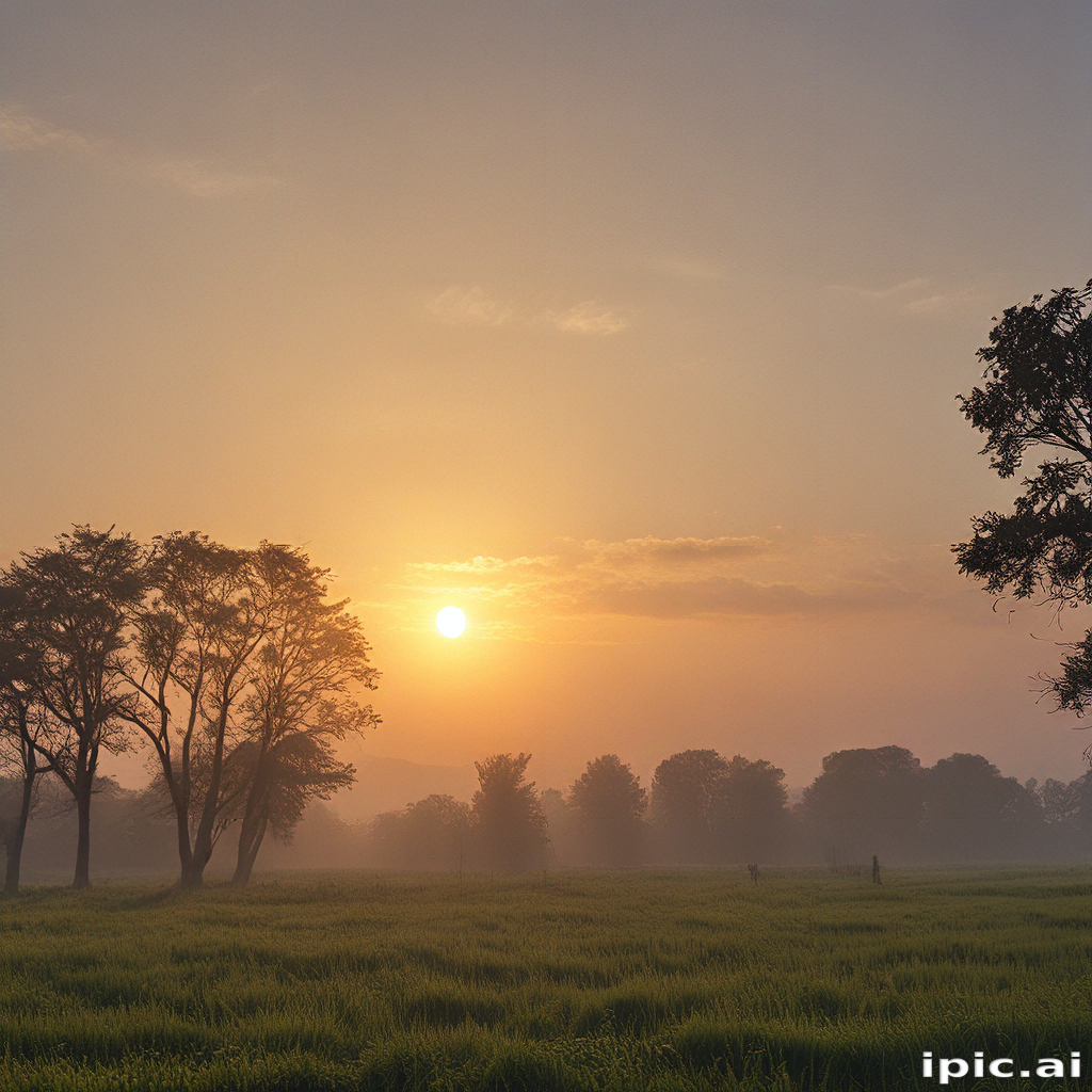 Serene Sunrise Over a Lush Green Field with Silhouetted Trees