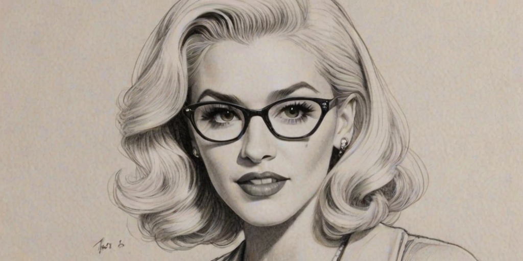 Alluring Gwen Stefani, pencil sketch, portrait of Resplendent woman 1938s in glasses, hair style beatnik, outline, clear lines, fine lines, 8k