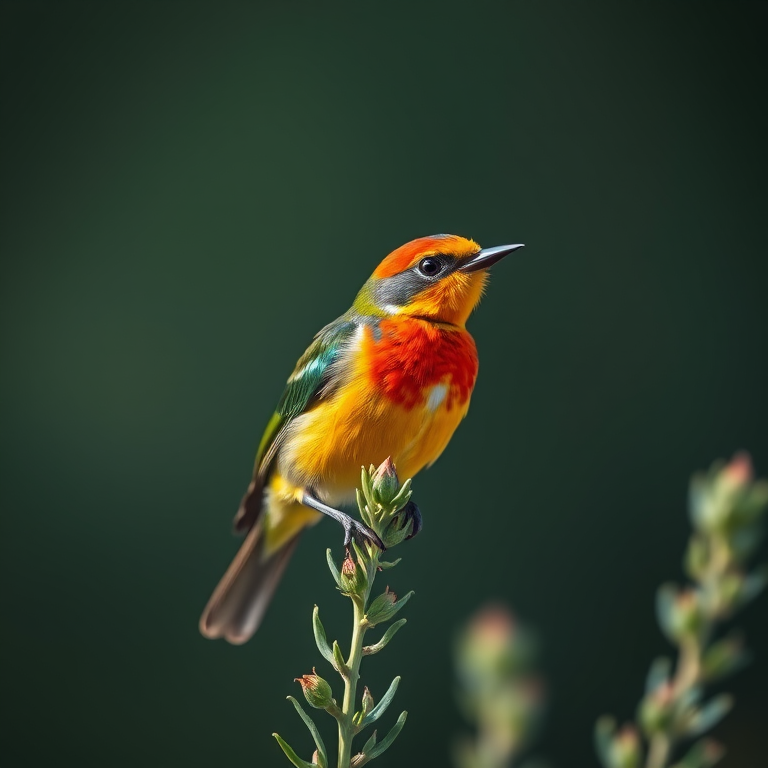 Capture a close-up shot of a colorful bird perched on a green plant in a soft-focus background, using a DSLR camera with a 85mm lens at f/2.8, shutter speed 1/2000s, ISO 200, natural lighting, and a shallow depth of field for enhanced clarity.