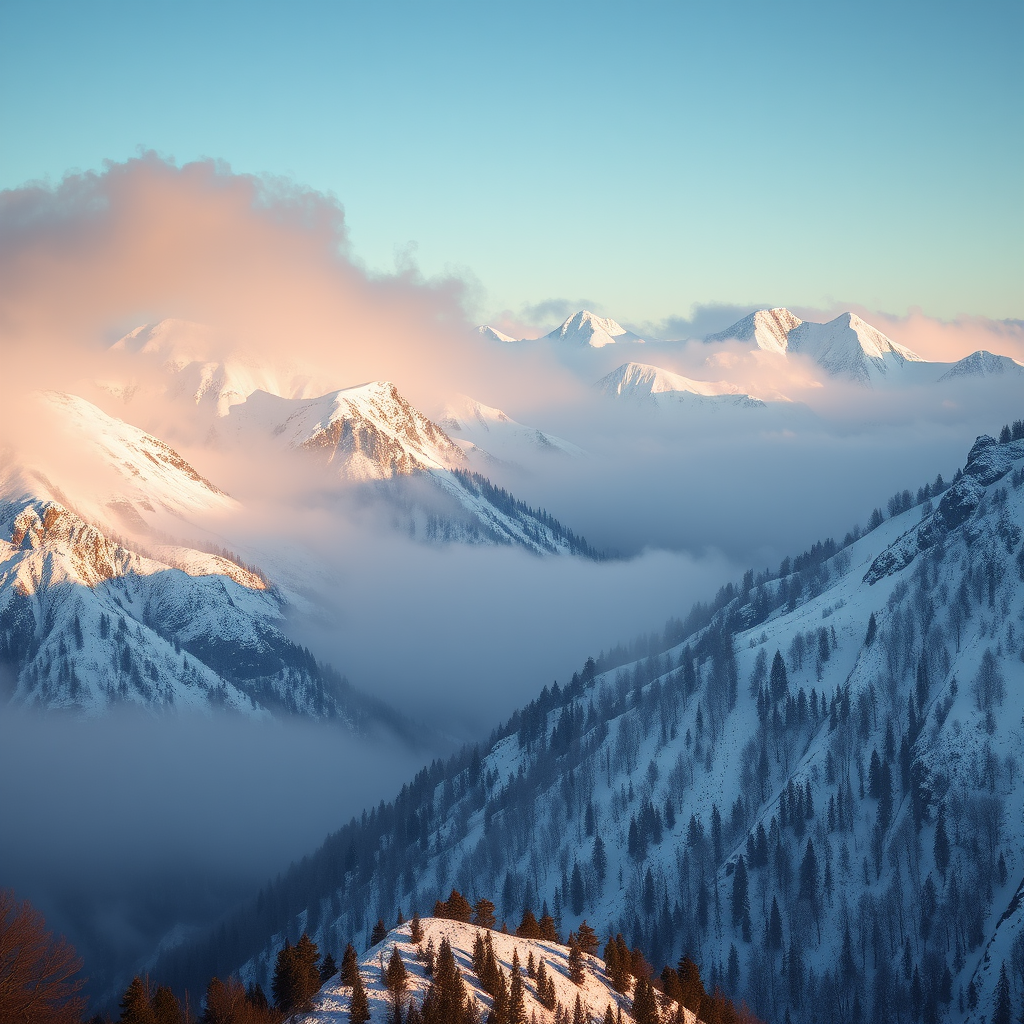 Capture a high-definition image of snow-covered mountains shrouded in mist, using a Canon EOS 5D Mark IV with a 24-70mm f/2.8 lens, aperture set to f/8, ISO 100, and a shutter speed of 1/250 sec, in landscape orientation, during early morning light for enhanced details and contrast.