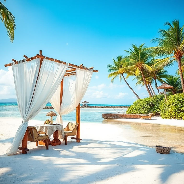 Create a picturesque tropical beach scene featuring a serene, white sandy shore. In the foreground, there's a rustic wooden canopy with white drapes gently flowing in the breeze. Underneath the canopy, a table is set with tropical decor, evoking a sense of relaxation and leisure. The beach extends into a calm, shallow water area with reflections of the sky and surroundings. Palm trees and lush greenery line the edge of the beach, providing a natural, tropical backdrop. The sky is clear with a few scattered clouds, and the overall atmosphere is tranquil and inviting, perfect for a peaceful retreat.