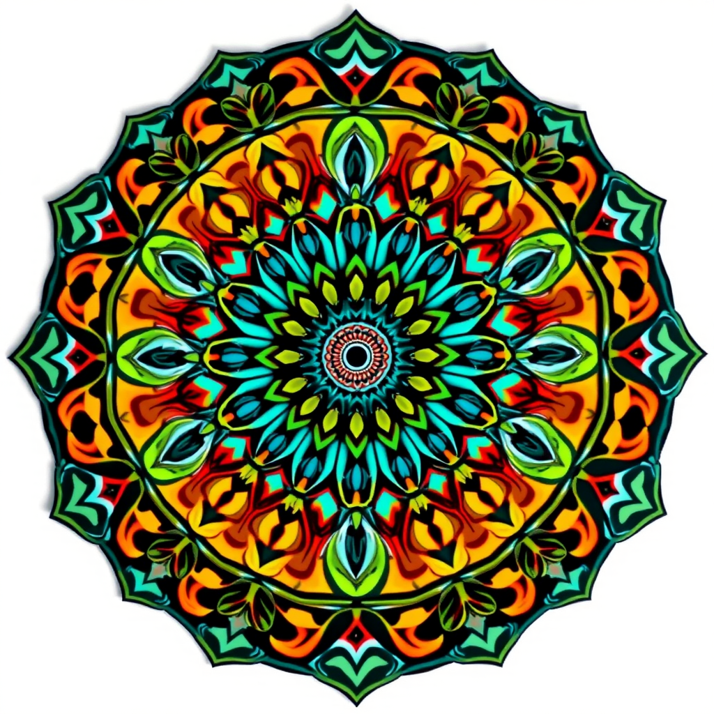 Create an image of a stylized, intricate mandala design with vibrant colors, using a DSLR camera at f/4 aperture, ISO 100, 50mm lens, shooting from a top-down view at a 90-degree angle for enhanced detail and clarity.