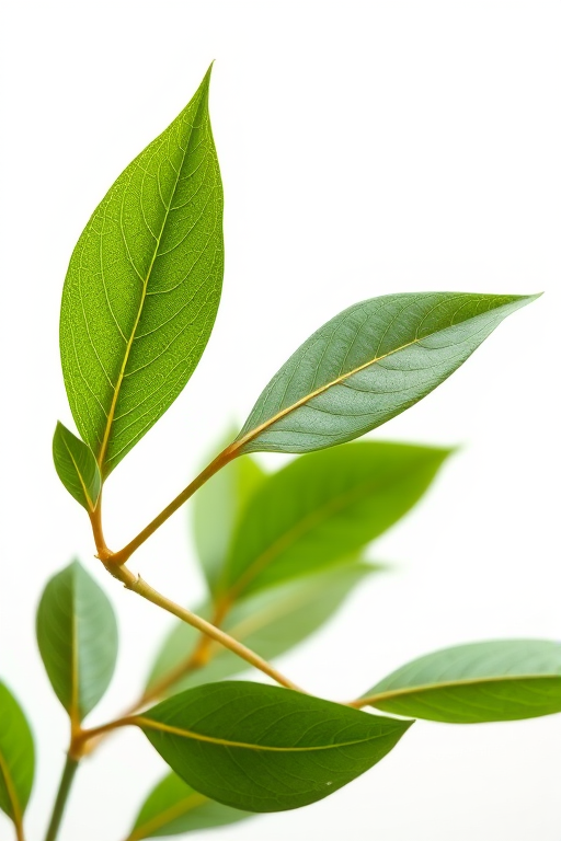 create a detailed illustration of a simple leaf branch with multiple leaves on a transparent background, captured with a Canon EOS R5, 85mm f/1.2 lens, aperture set to f/2.8, ISO 100, using a macro photography style and soft natural lighting for enhanced image quality