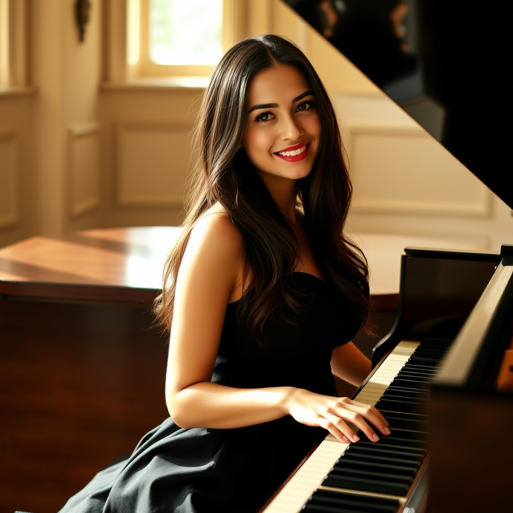 A young woman with long, dark hair smiles at the viewer as she sits at a grand piano, her right hand poised over the keys. The scene is lit by warm, natural light, highlighting the elegant simplicity of the woman's black dress. The perspective is from the side, emphasizing the contrast between the woman's delicate form and the grand scale of the piano. The ivory keys and dark wood of the piano create a striking visual contrast, further emphasized by the rich black of her dress.