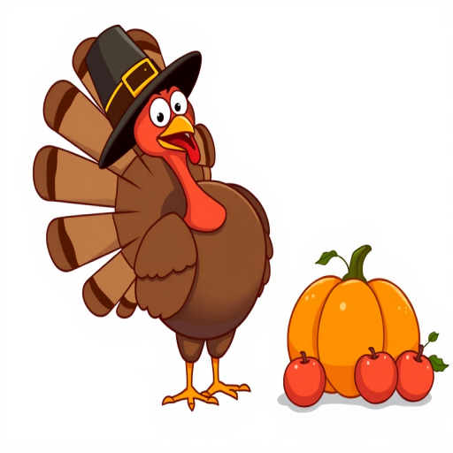 Create a cartoon-style illustration of a turkey wearing a pilgrim hat, standing next to a pumpkin and apples, with a bright blue sky background, shot with a DSLR camera at f/8 aperture, 50mm lens, natural lighting and vibrant colors to enhance image quality.