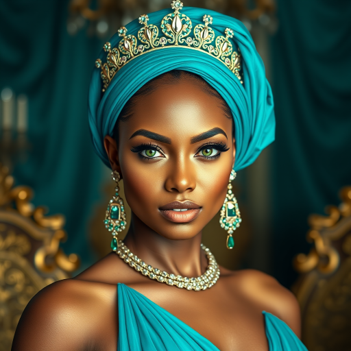 A gorgeous Garifuna woman in a luxurious cyan gown, accessorized with a dazzling tiara and statement earrings, her deep green eyes highlighted by impeccable makeup, poised in a royal setting, photorealistic, 8K quality