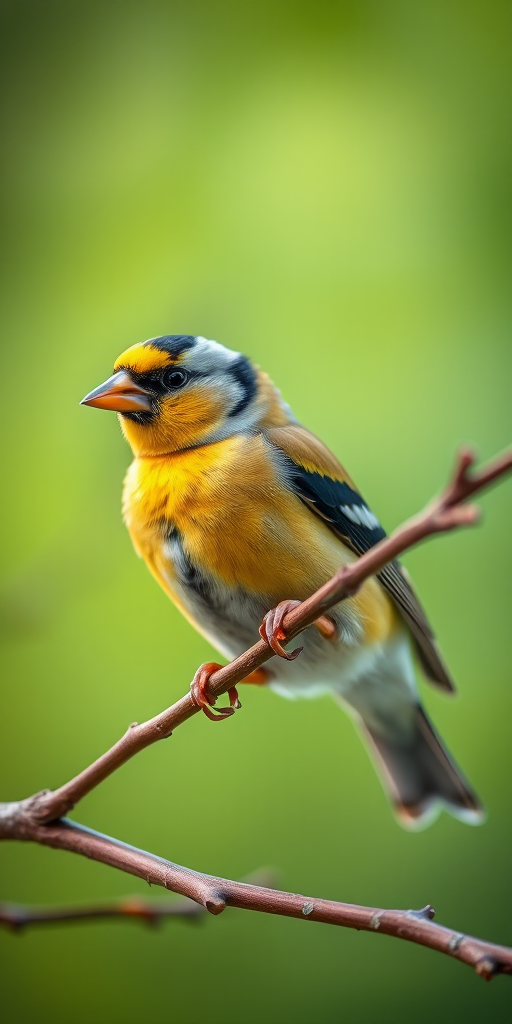 Capture a close-up of a goldfinch perched on a branch with a soft green blurred background, using a DSLR camera with a 100mm f/2.8 macro lens, ISO 200, aperture f/4, shutter speed 1/200s, natural light for vibrant colors and sharp details.
