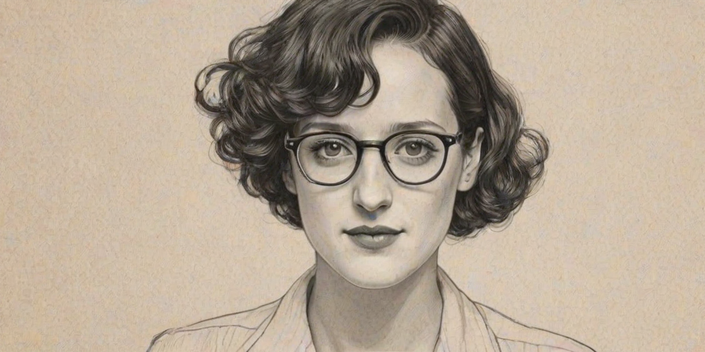Wonderful Phoebe Waller-Bridge, pencil sketch, portrait of Radiant woman 1931s in glasses, hair style beatnik, outline, clear lines, fine lines, 8k