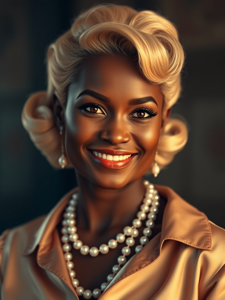 A beautiful Xhosa woman reminiscent of 1950s Hollywood glamour, with perfectly styled blonde hair and a seductive smile, dressed in a satin blouse and adorned with pearls, soft and warm tones, photorealistic, 8K