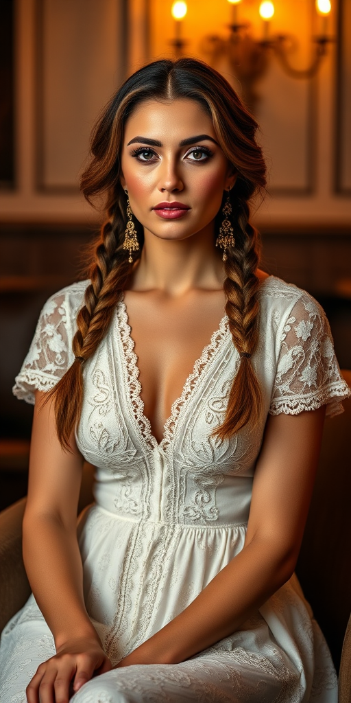Create a portrait of a refined and elegant Turkish woman seated in a sophisticated setting. She has long, wavy hair styled in two thick braids that are pulled over her shoulders. She wears a white, lace gown with intricate patterns, featuring a deep V-neckline and short sleeves. The dress exudes a vintage charm with its delicate lacework. She is adorned with ornate, dangling earrings that add a touch of glamour to her appearance. The background is softly lit, with warm, ambient lighting that creates a cozy and inviting atmosphere. Her expression is poised and serene, capturing a sense of grace and elegance.