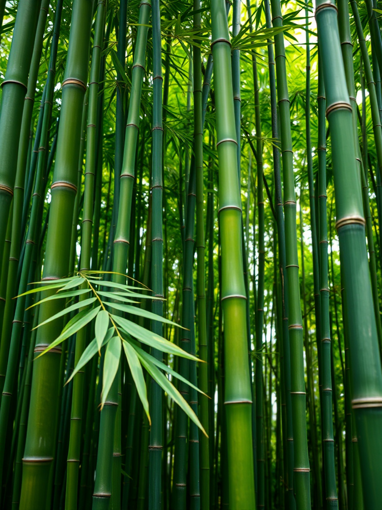Bamboo forest with vibrant green colors, close-up view, captured with a Canon EOS R mirrorless camera, f/2.8 aperture, ISO 100, 1/200 sec shutter speed, natural lighting.