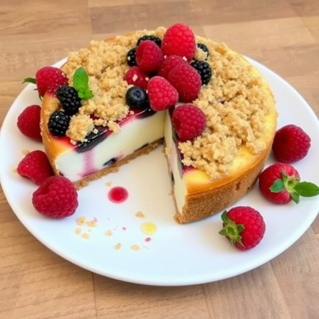 A delicious cheesecake topped with a layer of mixed berries and a crumbly topping, placed on a white plate with fresh raspberries scattered around, set on a wooden surface.