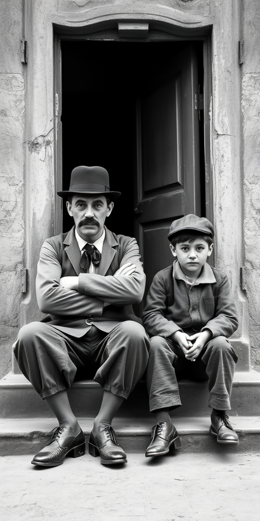 A black-and-white photograph of a man and a child sitting on steps in front of a doorway. The man is dressed as a tramp with a bowler hat, mustache, and ragged clothes, reminiscent of Charlie Chaplin's iconic look. He is sitting with his arms crossed and an expression of slight sadness or frustration. Next to him is a young boy, also in worn clothes and a cap, sitting with his hands clasped, looking thoughtful. The background is an old, textured wall and a partially open door, creating a vintage, early 20th-century atmosphere.