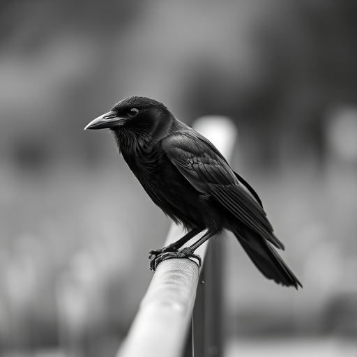 A close-up shot of a raven perched on a railing, captured with a Canon EOS R5 camera, 85mm lens, aperture f/1.8, ISO 200, natural light, shallow depth of field, monochrome style for dramatic effect.