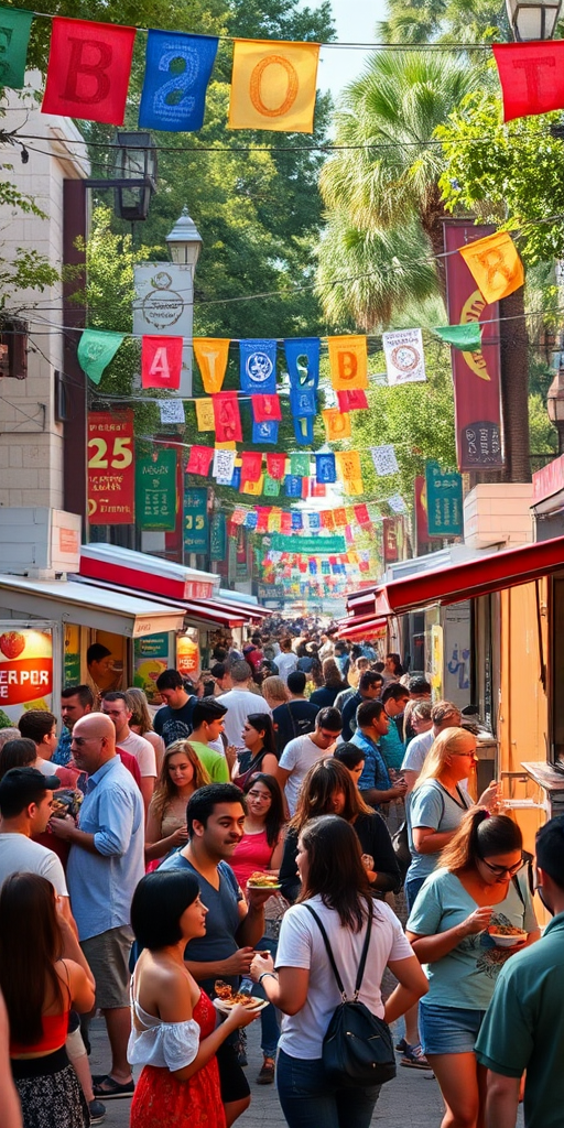 Vibrant street lined with food trucks during a festival, people sampling different cuisines, cheerful conversations filling the air, and colorful banners fluttering overhead.