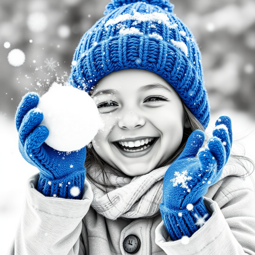 A hyperdetailed photorealistic macro image black and white pencil sketch of a young girl getting hit by a snowball during a snowball fight. She is wearing a brilliant sapphire blue wool beanie and bright blue mittens. She is trying to block the snowball by putting her hands up. The snowball hits her beanie and disintegrates into myriad tiny snowflakes caught with high speed photography. The girl is laughing and having a wonderful time.