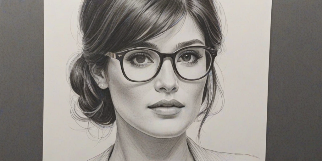 Graceful Gemma Arterton, pencil sketch, portrait of Elegant woman 1960s in glasses, hair style beatnik, outline, clear lines, fine lines, 8k