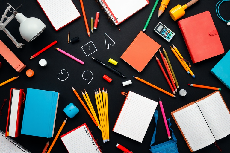 Create a vibrant and engaging pattern of educational tools including books, pencils, and a desk lamp on a solid black background, using a Canon EOS R5 with a 50mm f/1.8 lens, aperture set to f/8, shutter speed at 1/125s, and ISO 200 for sharpness and clarity in a flat lay style photography.