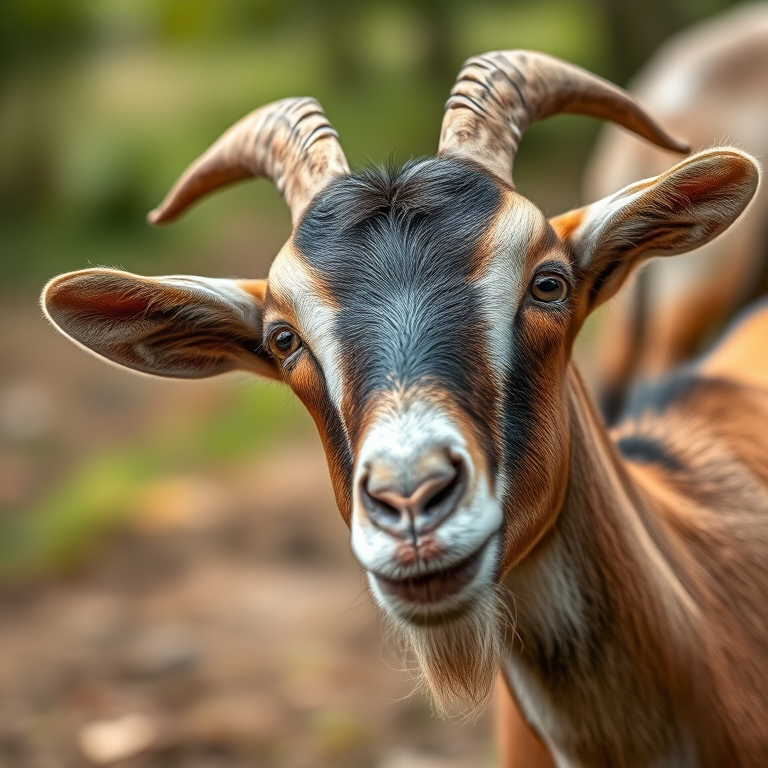 A detailed close-up of a goat standing in a natural environment, soft focus background, natural lighting, DSLR camera, 50mm lens, aperture f/1.8, ISO 200, 1/200s shutter speed.