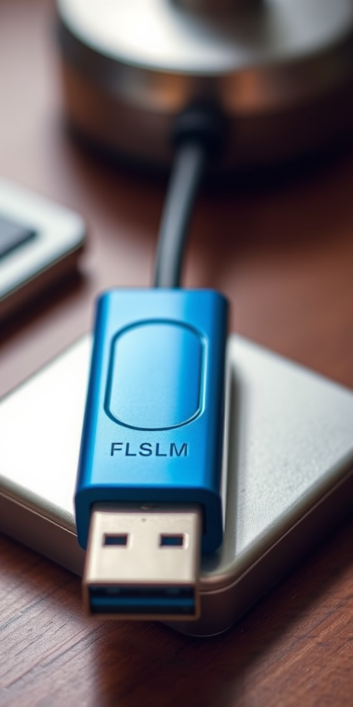 Create a high-resolution image of a blue USB flash drive with a shiny metallic surface, taken from a slightly elevated angle, using a DSLR camera with a 50mm lens, aperture f/2.8, ISO 100, and soft natural lighting.