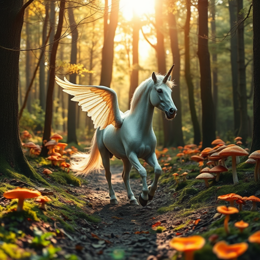 A majestic unicorn with shimmering wings trotting through a mystical forest filled with colorful fungi, soft sunlight filtering through the trees, shot with a Canon EOS R5, 50mm lens, f/1.8 aperture, ISO 100, natural light, low angle view for depth.