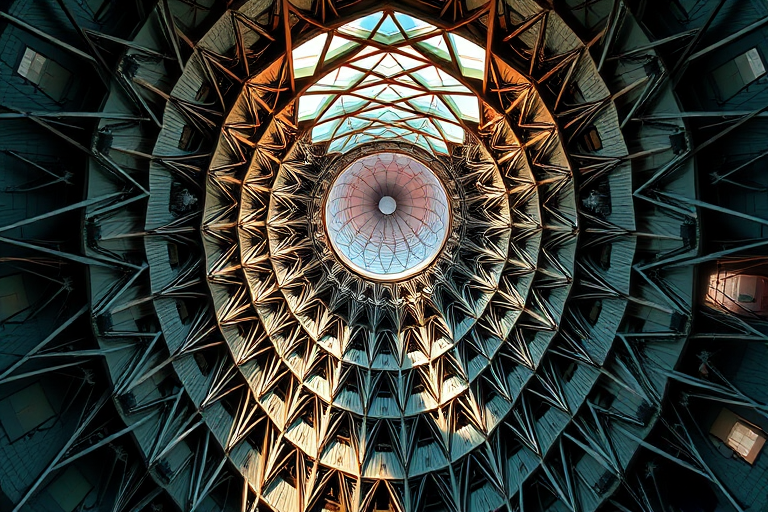 highly detailed abstract architecture with intricate geometric patterns and a dynamic interplay of light and shadow, captured at 24mm f/8, ISO 200, 1/60s, aerial view, digital camera, HDR style