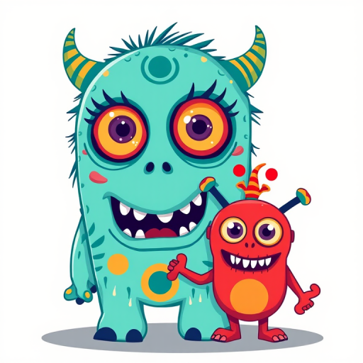Create a colorful cartoon monster illustration featuring a large turquoise monster with multiple eyes and intricate patterns, accompanied by a smaller red monster with similar eye designs, set against a plain background, shot with a Canon EOS R5 at f/8, ISO 100, 50mm lens, using a vibrant and playful style to enhance the visual appeal.