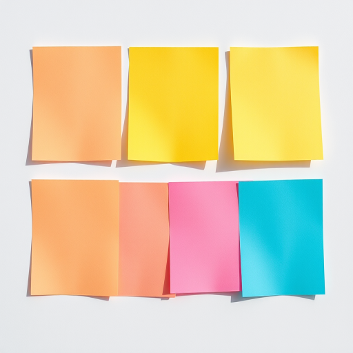 Create a vibrant, high-resolution image of six sticky notes arranged in two rows, with three notes in each row, using a macro lens with f/2.8 aperture, 50mm focal length, and natural light for soft shadows on a white background.