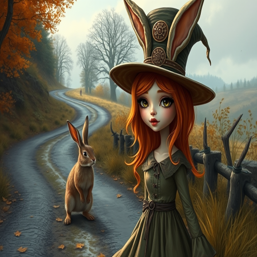digital art fantasy depicting a strange girl with orange hair, long eyelashes, brown lipstick and a tall hat walking along a winding road on an autumn afternoon, an Hare smiles as she passes
