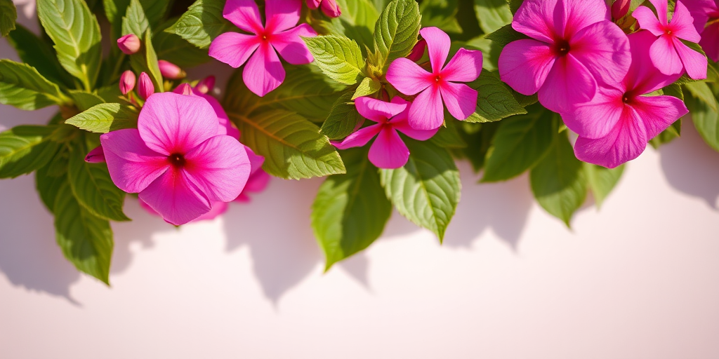 Generate a high-quality image of vibrant pink flowers with green leaves on a plain background using a DSLR camera, 50mm lens, f/2.8 aperture, ISO 100, natural lighting for soft shadows, and a shallow depth of field.