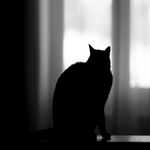 capture a high-contrast monochrome silhouette of a cat sitting gracefully against a soft blurred background with a shallow depth of field, use a 50mm f/1.8 lens, aperture set to f/1.8, ISO 200, shutter speed 1/200s, natural light from the side, taken with a DSLR camera
