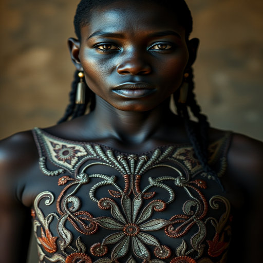 Face, shoulders, chest covered in openwork Creole embroidery. Raw, unedited image.