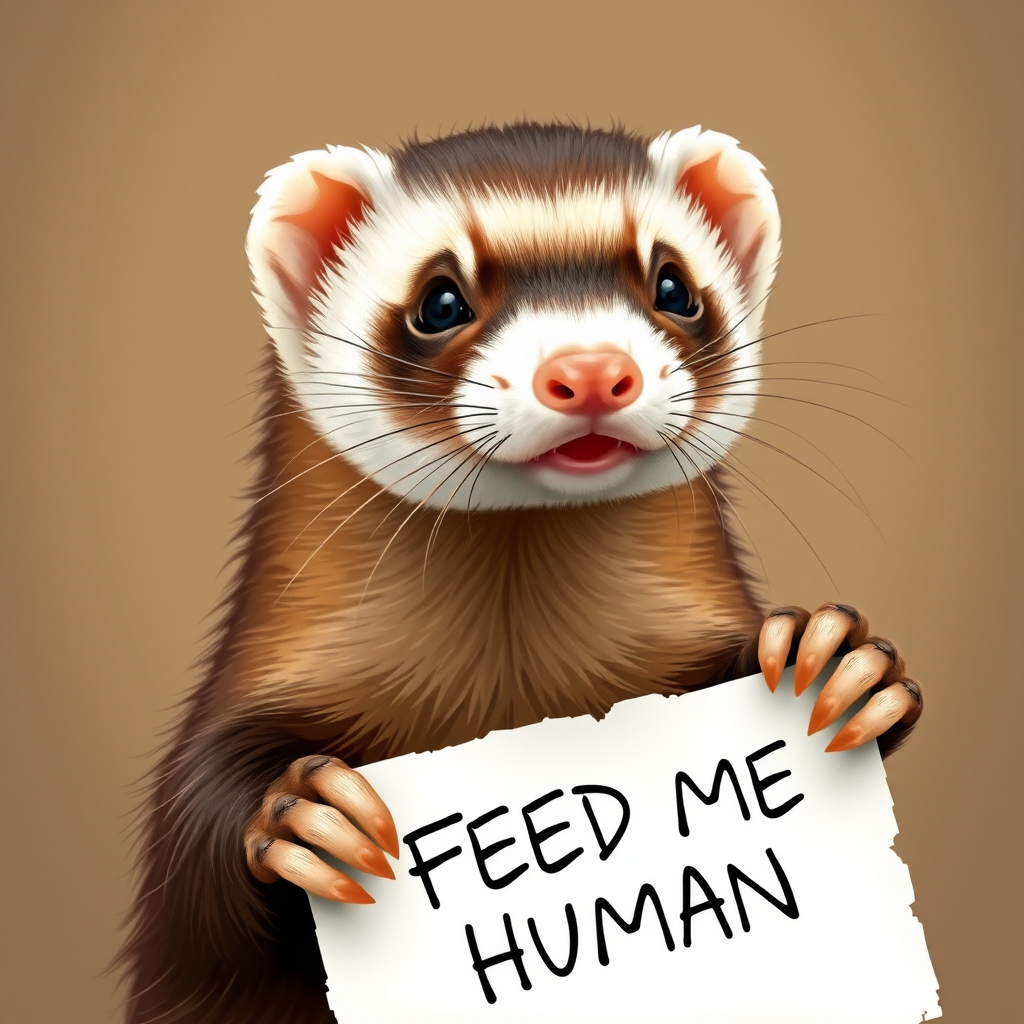 Ferret holding a note which says "FEED ME HUMAN"