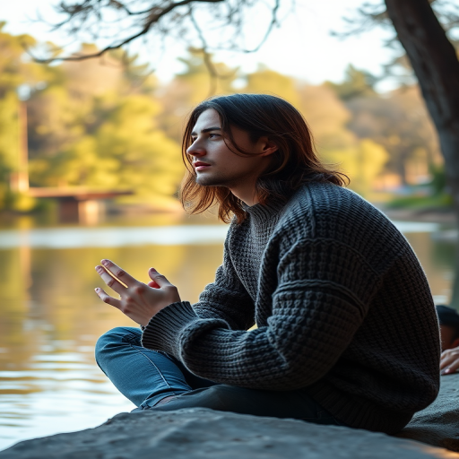 A young man with long hair in a knitted sweater sitting by a serene lake, hands in prayer position, soft morning light filtering through trees, shot with a Canon EOS R5, 50mm f/1.2 lens, aperture f/1.8, ISO 200, with shallow depth of field for background blur and enhanced color saturation.