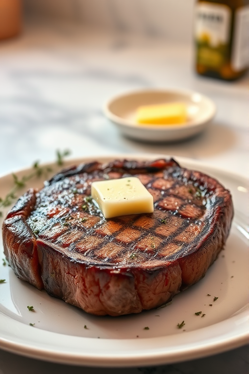 Create an image of a perfectly seared ribeye steak, resting on a white plate with a pat of melting butter on top. The steak is seasoned with fresh herbs like thyme and parsley, with glistening juices highlighting the texture of the meat. The background features a soft focus on a light, marble countertop, with a small dish of butter and an olive oil bottle in the distance. The overall mood should be warm and inviting, capturing the deliciousness and juiciness of the steak.
