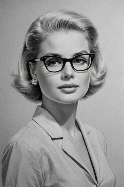 Enticing Grace Kelly, pencil sketch, portrait of Splendid woman 1958s in glasses, hair style beatnik, outline, clear lines, fine lines, 8k