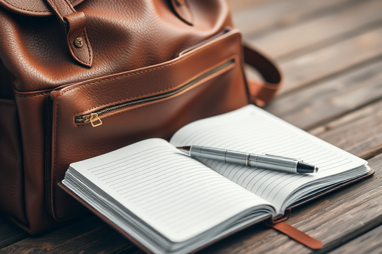 Create a high-resolution image of a brown leather backpack next to an open notepad with blank lines and a silver pen resting on top, using a DSLR camera with a 50mm lens at f/2.8, 1/250 sec shutter speed, and ISO 100, shot in natural daylight with a slight blur in the background for emphasis.